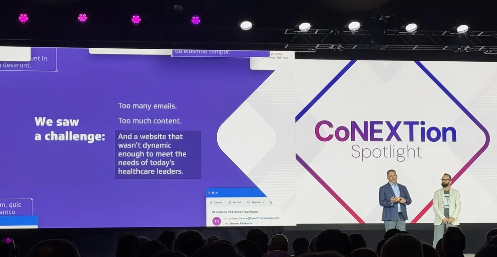 On stage at Vizient's CoNEXTion conference, presenting the problem: a website that wasn't dynamic enough for healthcare leaders.